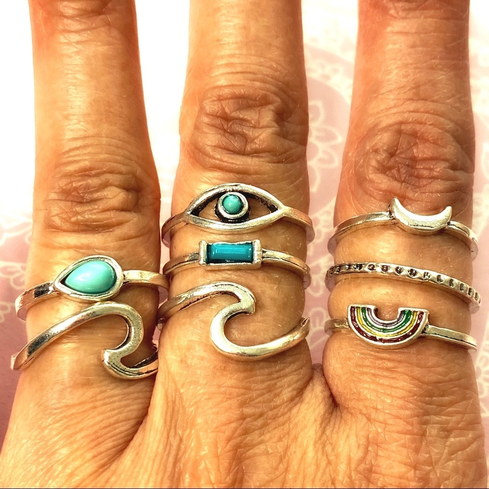 Rainbow Sky Turquoise Stone Silver Ring Set 8pc - Picture 3 of 5